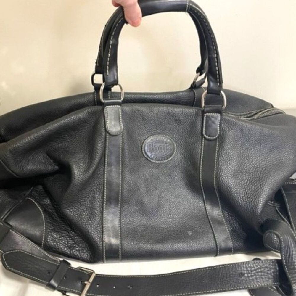 Roots Large Banff Bag in Black Leather Canvas Interior